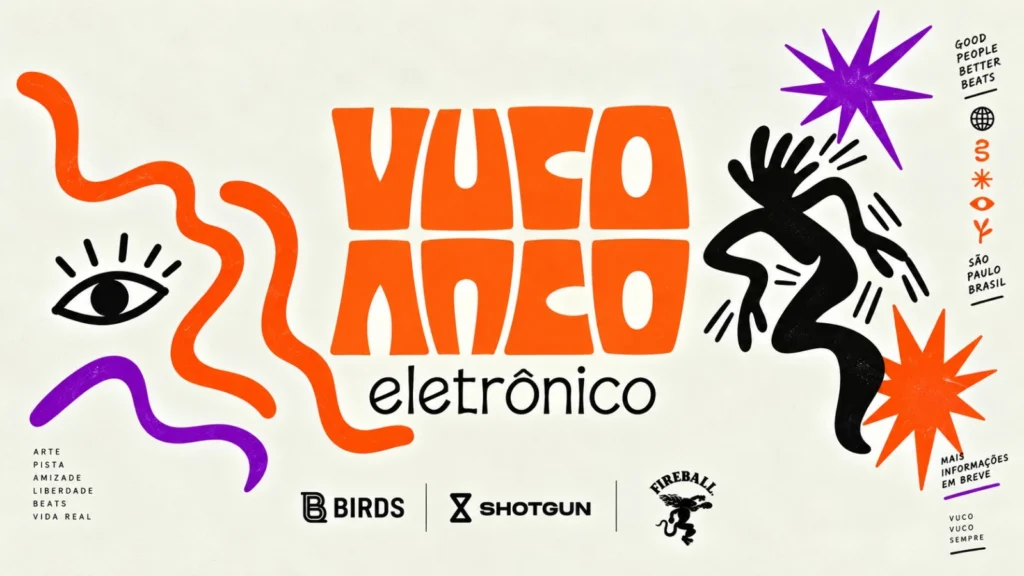 A vibrante pista de dança do Vuco Vuco Eletrônico em São Paulo com pessoas se divertindo ao som de música eletrônica.